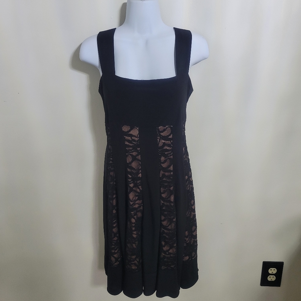 R & M Richards Black Tan Lace Overlay Dress Size M